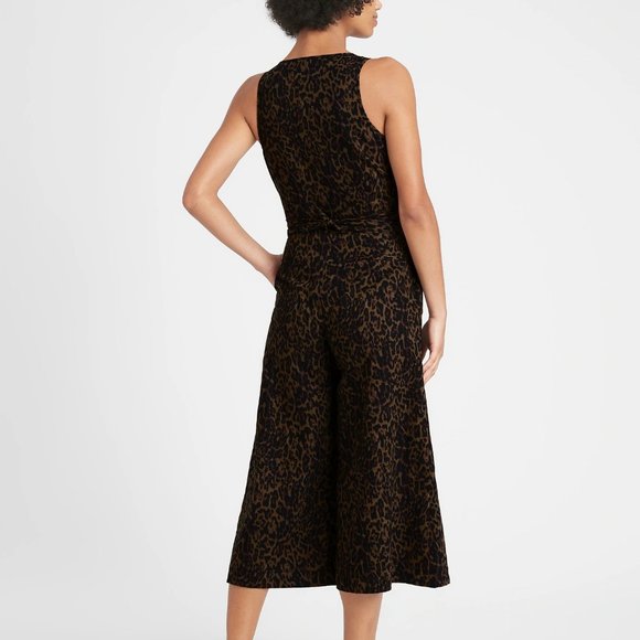 BR~new~Sleeveless Button Front Green Leopard Linen Cotton Wide Leg Jumpsuit sz 4 - Picture 14 of 14